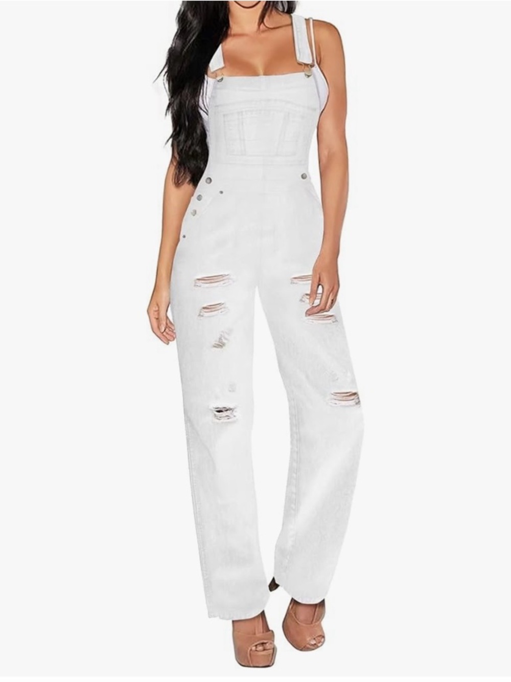 Hybrid & company White Distressed Denim Overalls
